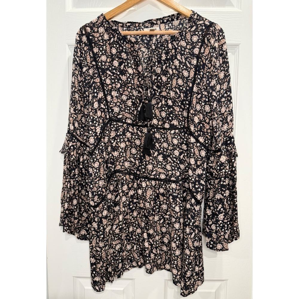 Amuse Society Floral Boho Mini Dress Black Tassel Lace Trim Ruffle‎ Sleeve M